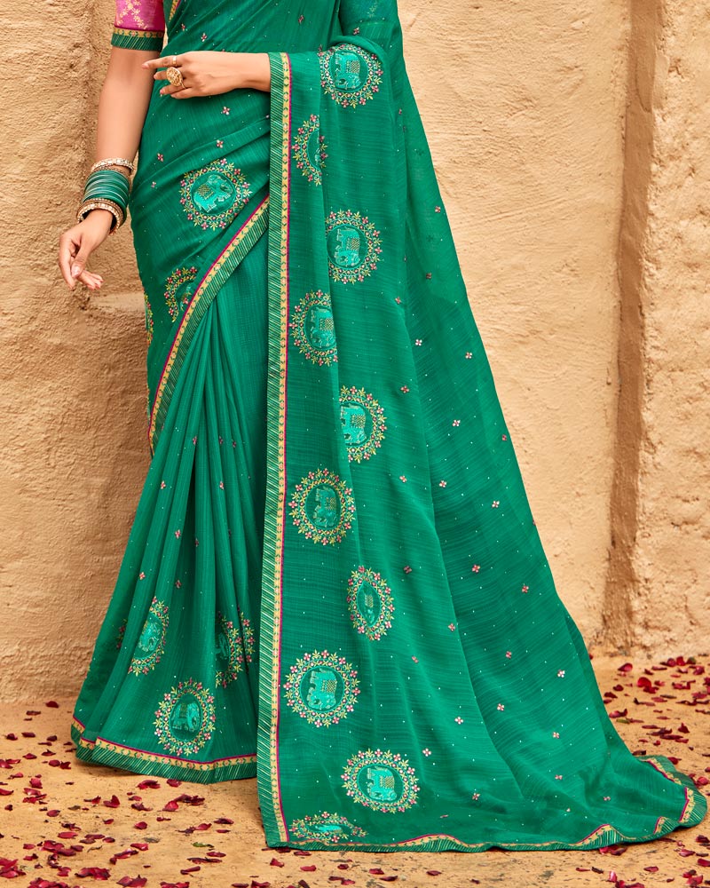 Vishal Prints Tropical Green Designer Fancy Chiffon Saree With Embroidery-Diamond Work And Border
