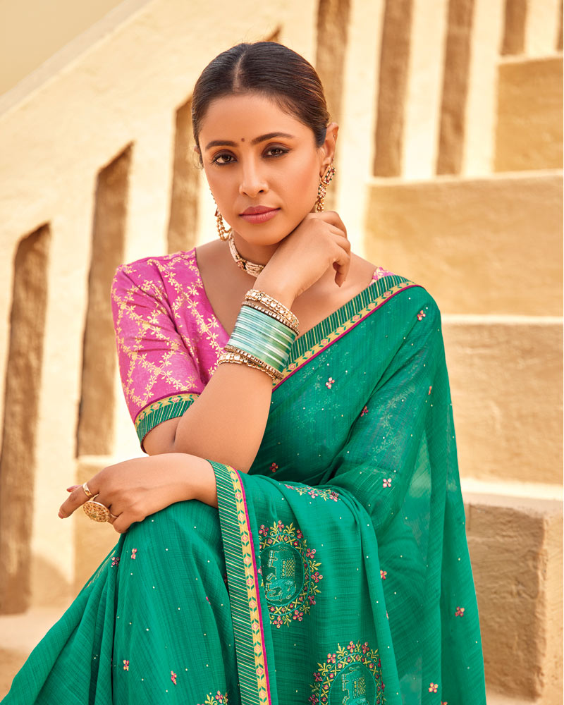 Vishal Prints Tropical Green Designer Fancy Chiffon Saree With Embroidery-Diamond Work And Border