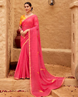 Vishal Prints French Rose Pink Designer Fancy Chiffon Saree With Embroidery-Diamond Work And Border