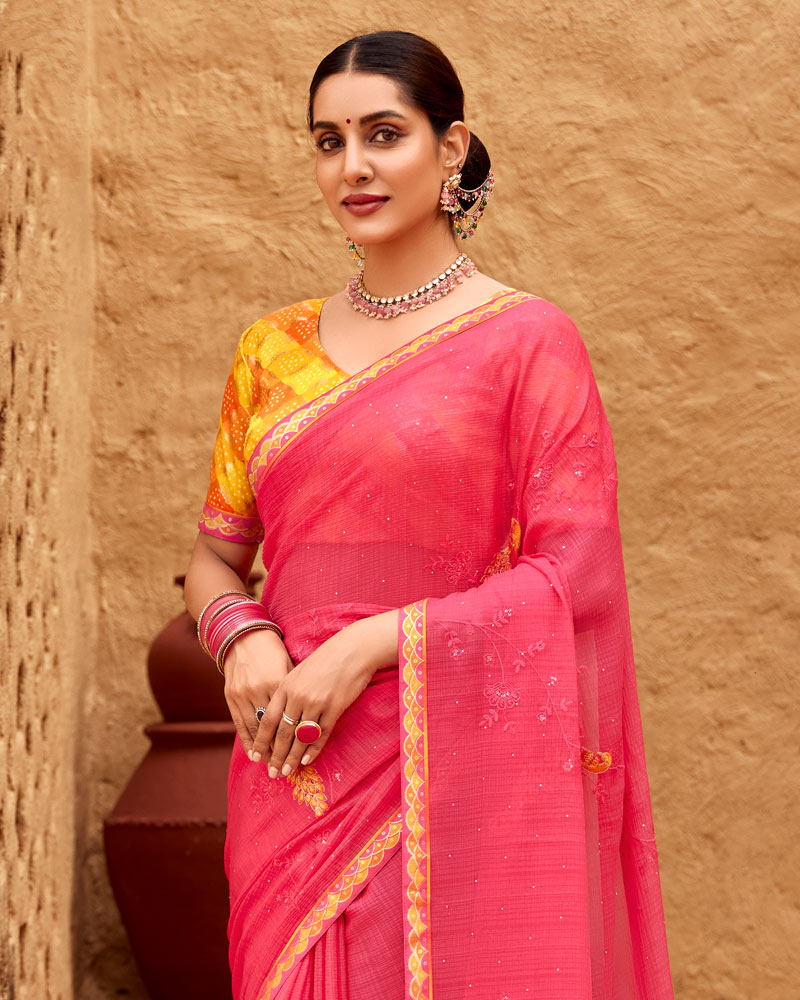 Vishal Prints French Rose Pink Designer Fancy Chiffon Saree With Embroidery-Diamond Work And Border