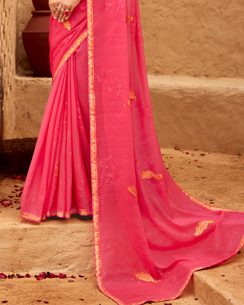 Vishal Prints French Rose Pink Designer Fancy Chiffon Saree With Embroidery-Diamond Work And Border