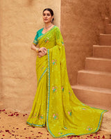 Vishal Prints Bright Olive Yellow Designer Fancy Chiffon Saree With Embroidery-Diamond Work And Border
