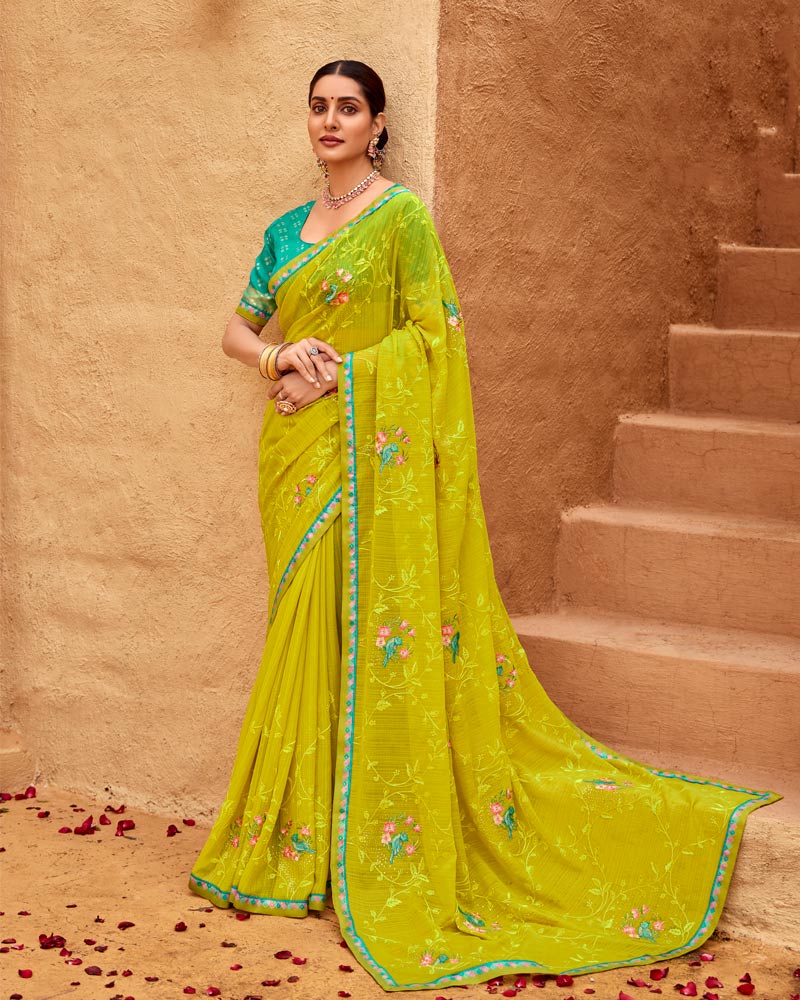 Vishal Prints Bright Olive Yellow Designer Fancy Chiffon Saree With Embroidery-Diamond Work And Border