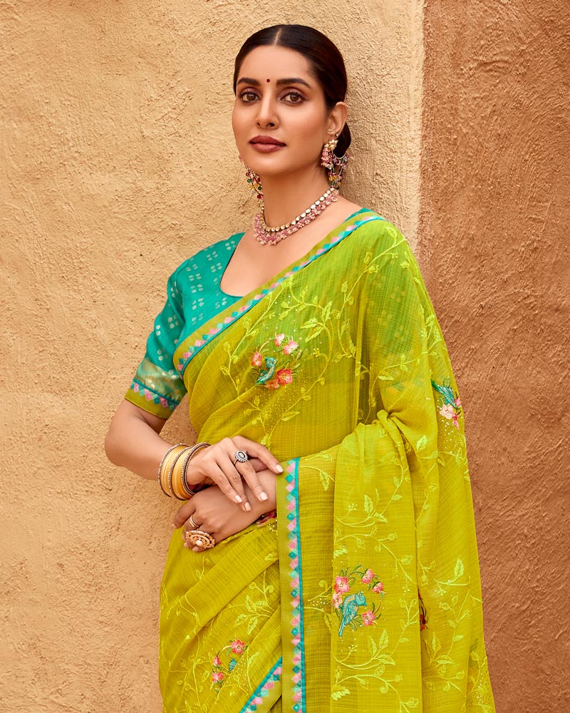 Vishal Prints Bright Olive Yellow Designer Fancy Chiffon Saree With Embroidery-Diamond Work And Border