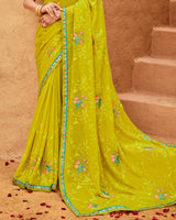 Vishal Prints Bright Olive Yellow Designer Fancy Chiffon Saree With Embroidery-Diamond Work And Border