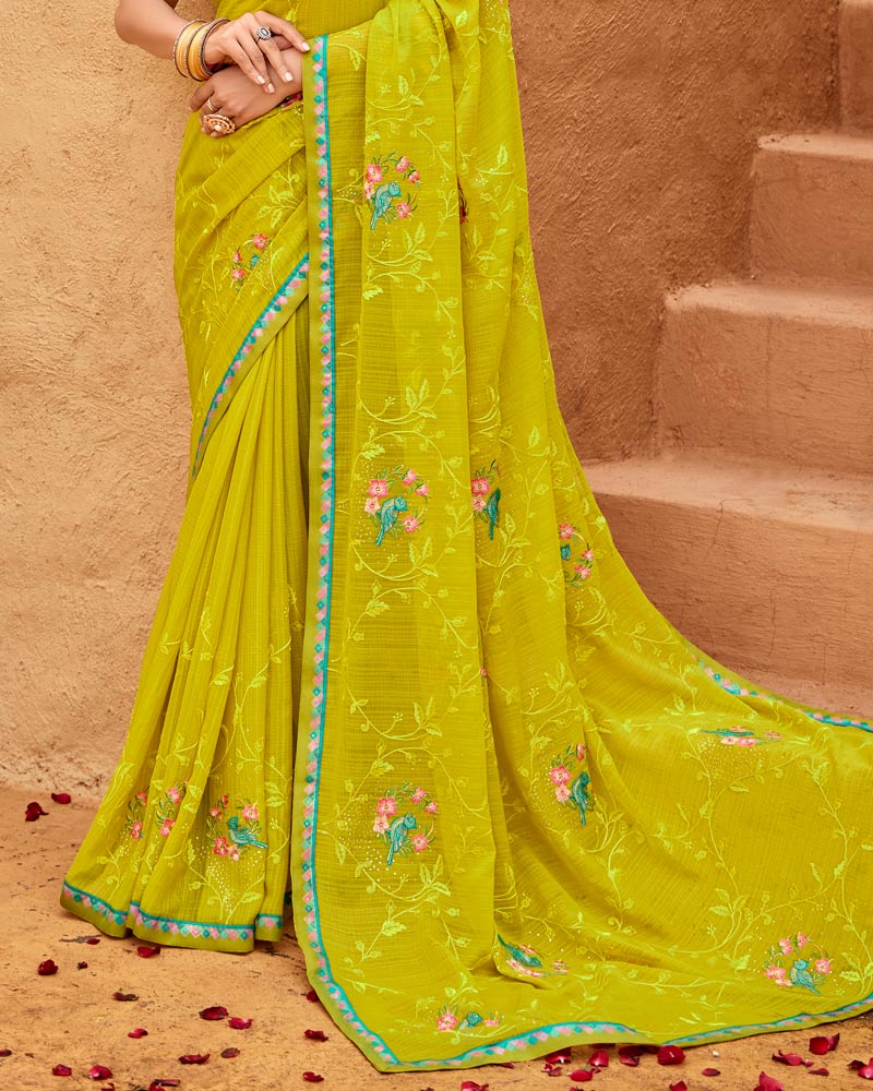 Vishal Prints Bright Olive Yellow Designer Fancy Chiffon Saree With Embroidery-Diamond Work And Border