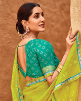 Vishal Prints Bright Olive Yellow Designer Fancy Chiffon Saree With Embroidery-Diamond Work And Border