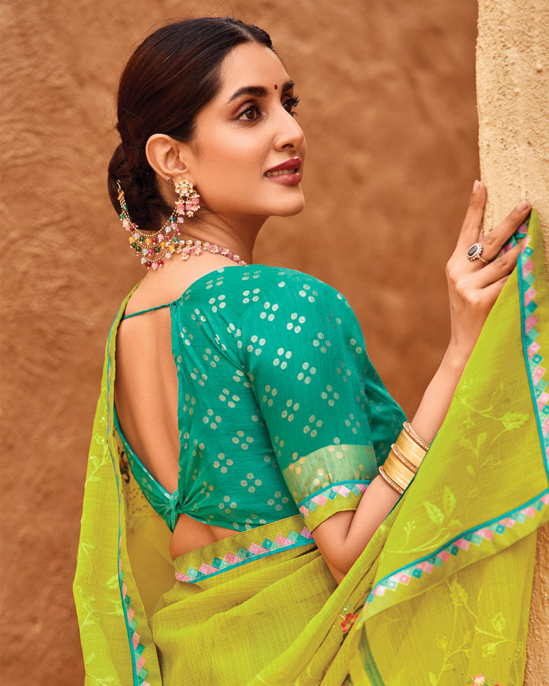 Vishal Prints Bright Olive Yellow Designer Fancy Chiffon Saree With Embroidery-Diamond Work And Border