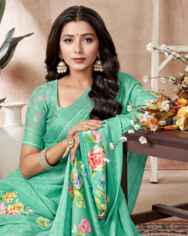 Vishal Prints Turquoise Digital Print Criva Crepe Saree