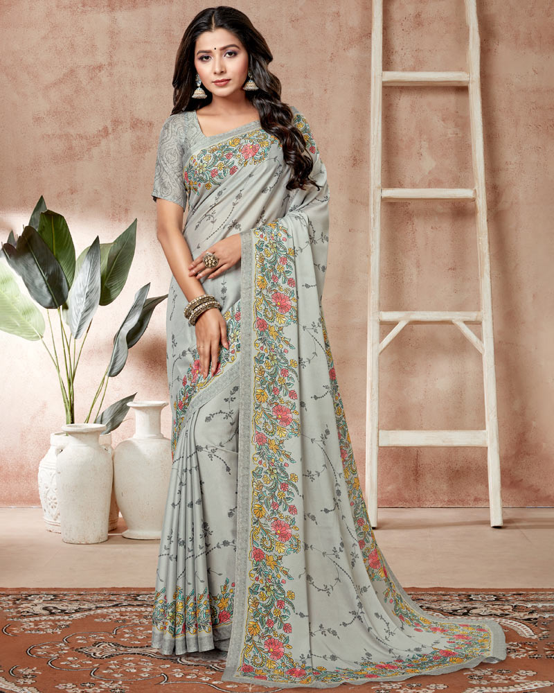 Vishal Prints Pastel Grey Digital Print Criva Crepe Saree