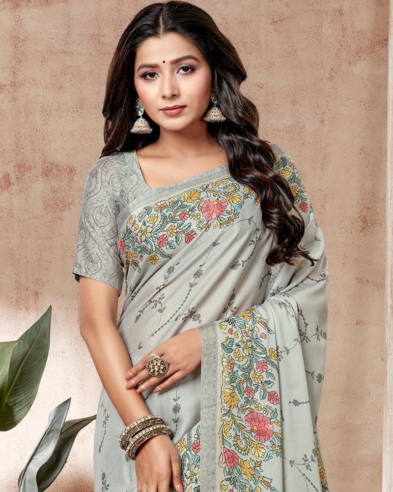 Vishal Prints Pastel Grey Digital Print Criva Crepe Saree