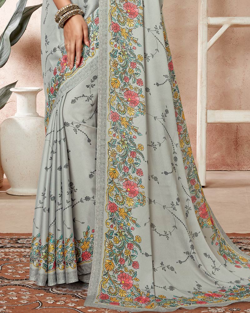 Vishal Prints Pastel Grey Digital Print Criva Crepe Saree