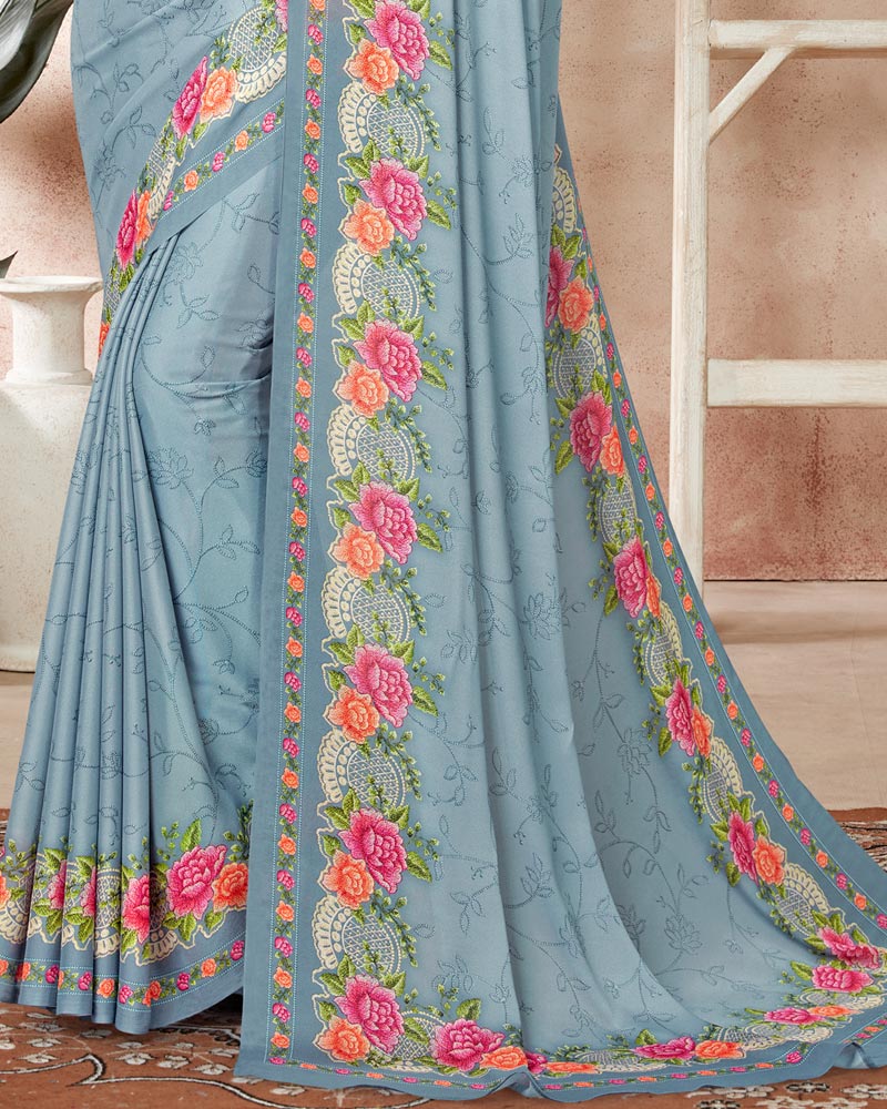Vishal Prints Light Grey Digital Print Criva Crepe Saree