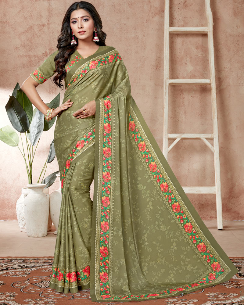 Vishal Prints Light Mehandi Digital Print Criva Crepe Saree