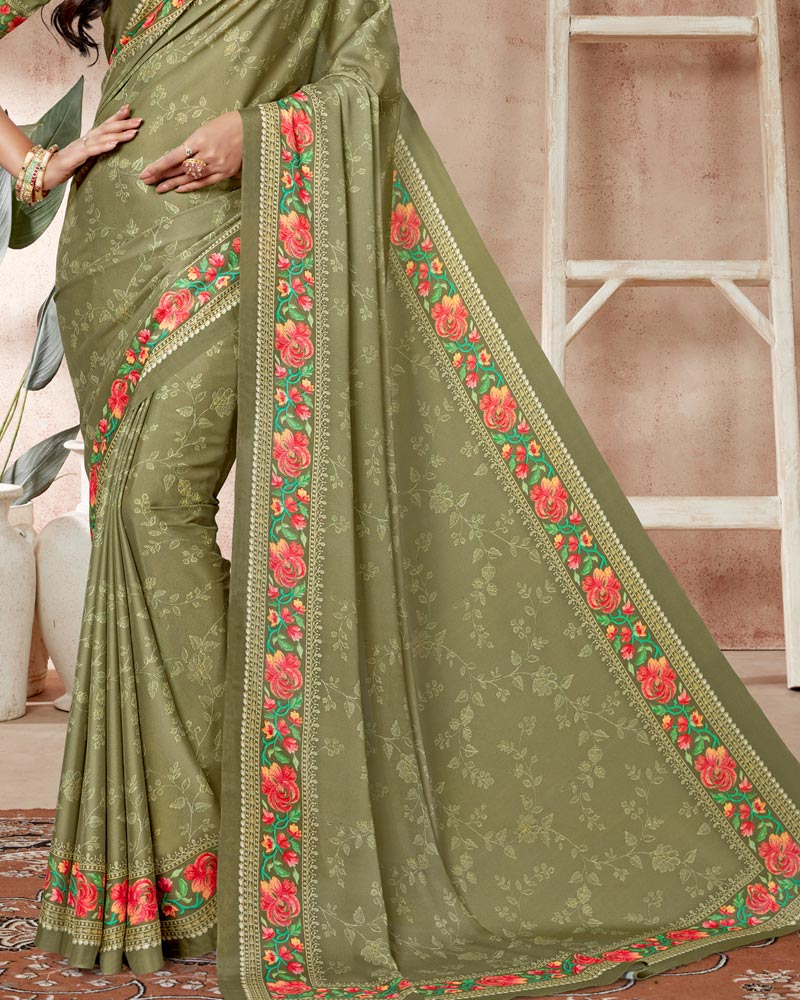 Vishal Prints Light Mehandi Digital Print Criva Crepe Saree