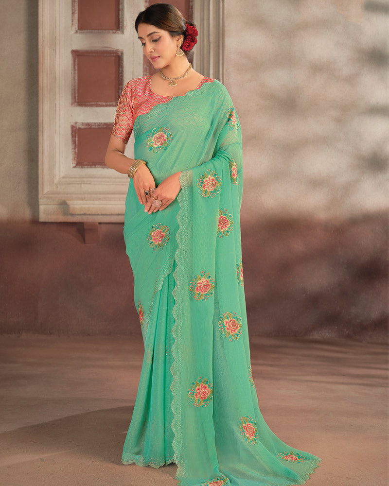 Vishal Prints Pastel Green Designer Fancy Chiffon Embroidery Work Saree With Cut Work Diamond Border