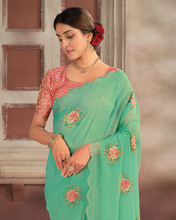 Vishal Prints Pastel Green Designer Fancy Chiffon Embroidery Work Saree With Cut Work Diamond Border