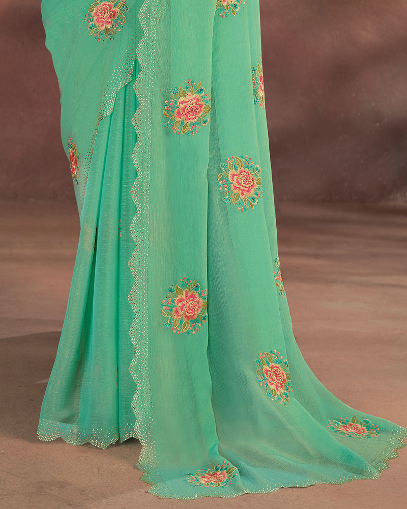 Vishal Prints Pastel Green Designer Fancy Chiffon Embroidery Work Saree With Cut Work Diamond Border
