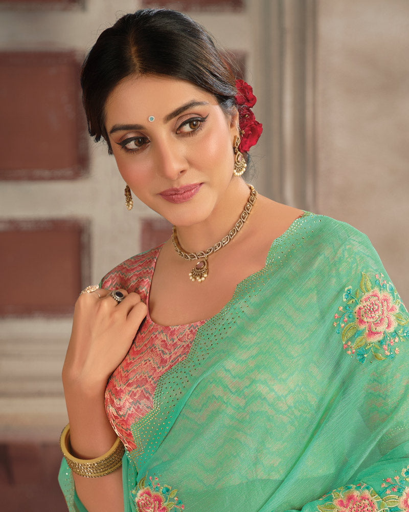 Vishal Prints Pastel Green Designer Fancy Chiffon Embroidery Work Saree With Cut Work Diamond Border