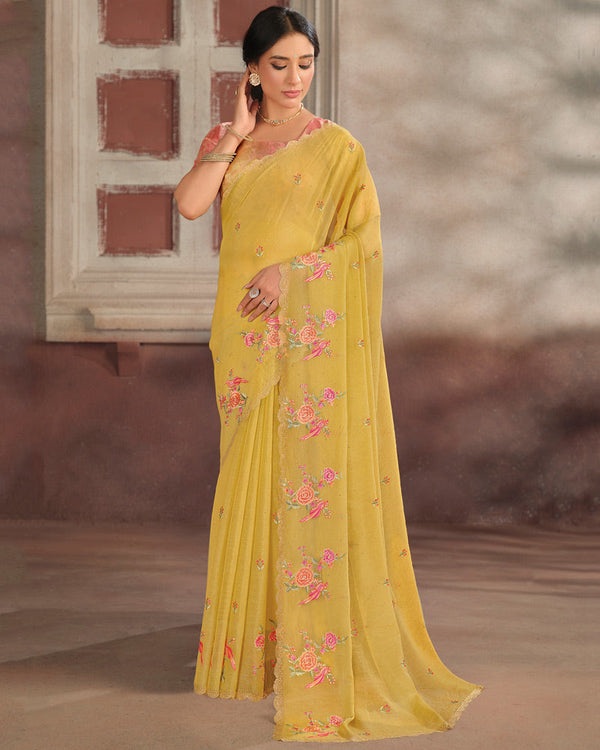 Vishal Prints Pastel Yellow Designer Fancy Chiffon Embroidery Work Saree With Cut Work Diamond Border