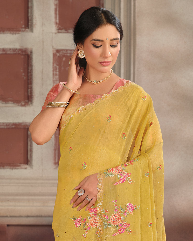 Vishal Prints Pastel Yellow Designer Fancy Chiffon Embroidery Work Saree With Cut Work Diamond Border