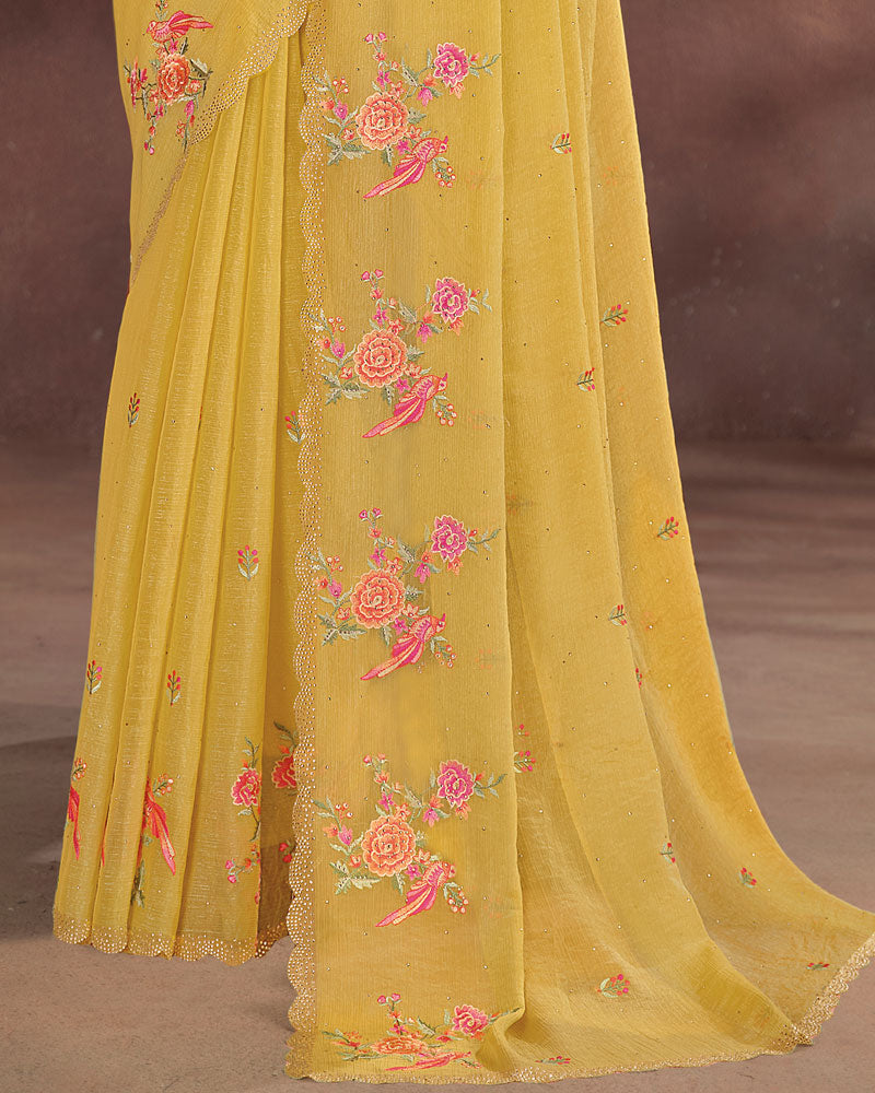 Vishal Prints Pastel Yellow Designer Fancy Chiffon Embroidery Work Saree With Cut Work Diamond Border