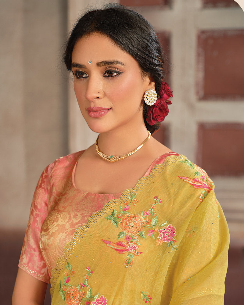 Vishal Prints Pastel Yellow Designer Fancy Chiffon Embroidery Work Saree With Cut Work Diamond Border