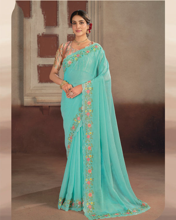 Vishal Prints Glacier Blue Designer Fancy Chiffon Embroidery Work Saree With Cut Work Diamond Border
