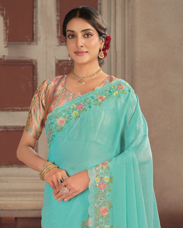 Vishal Prints Glacier Blue Designer Fancy Chiffon Embroidery Work Saree With Cut Work Diamond Border