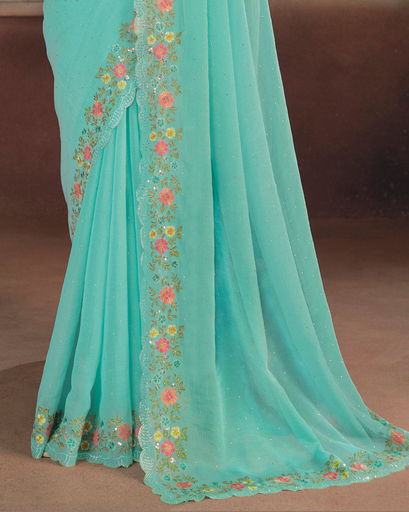 Vishal Prints Glacier Blue Designer Fancy Chiffon Embroidery Work Saree With Cut Work Diamond Border