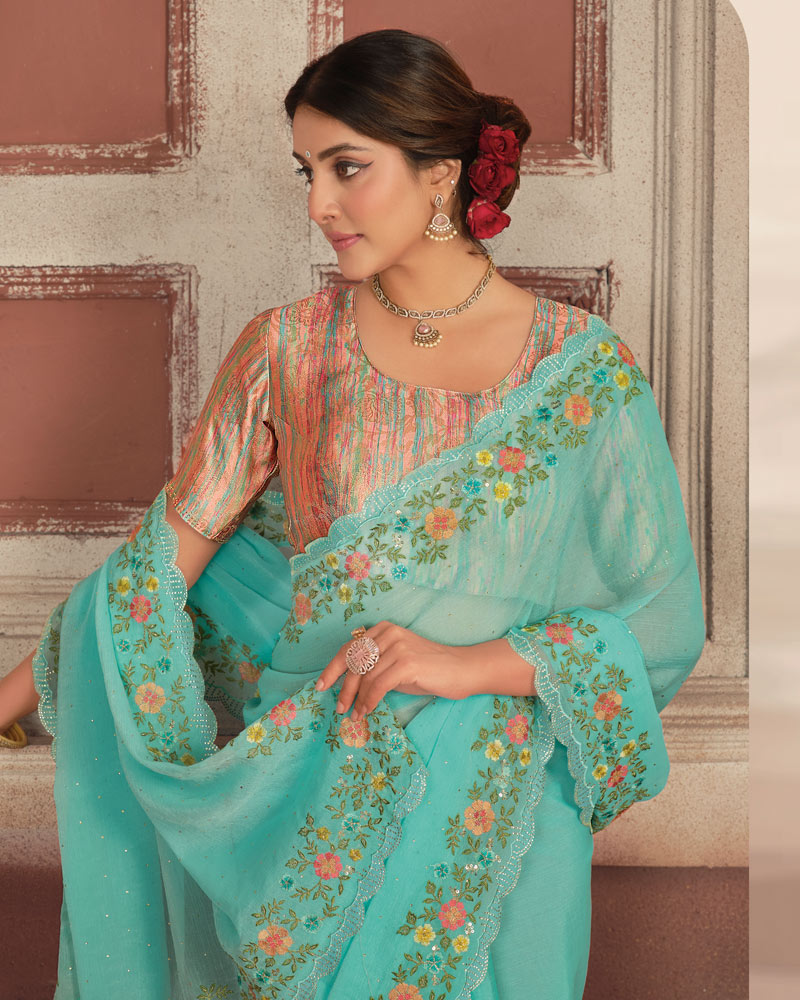 Vishal Prints Glacier Blue Designer Fancy Chiffon Embroidery Work Saree With Cut Work Diamond Border