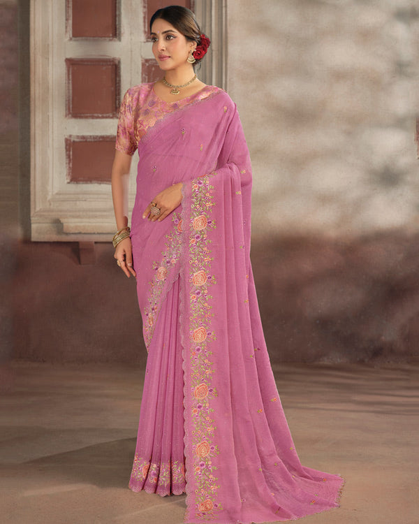 Vishal Prints Tulip Pink Designer Fancy Chiffon Embroidery Work Saree With Cut Work Diamond Border