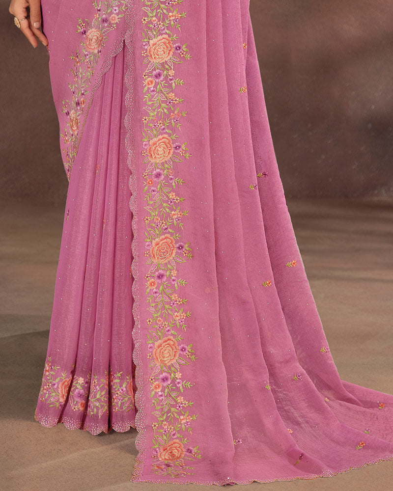 Vishal Prints Tulip Pink Designer Fancy Chiffon Embroidery Work Saree With Cut Work Diamond Border