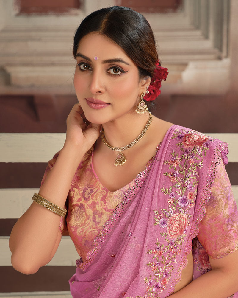 Vishal Prints Tulip Pink Designer Fancy Chiffon Embroidery Work Saree With Cut Work Diamond Border
