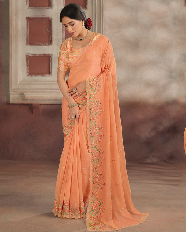 Vishal Prints Pastel Orange Designer Fancy Chiffon Embroidery Work Saree With Cut Work Diamond Border