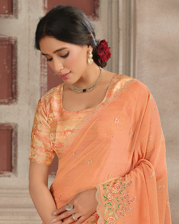Vishal Prints Pastel Orange Designer Fancy Chiffon Embroidery Work Saree With Cut Work Diamond Border