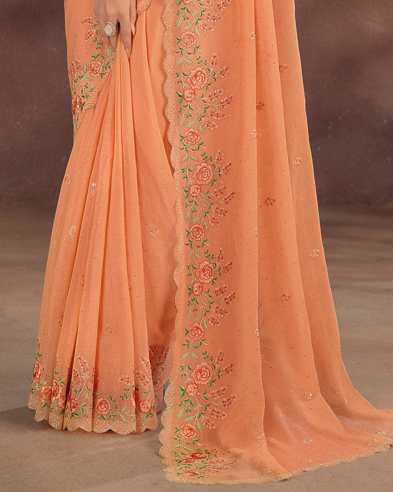 Vishal Prints Pastel Orange Designer Fancy Chiffon Embroidery Work Saree With Cut Work Diamond Border