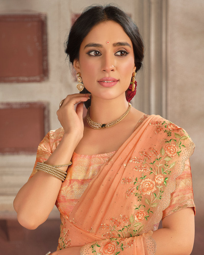 Vishal Prints Pastel Orange Designer Fancy Chiffon Embroidery Work Saree With Cut Work Diamond Border