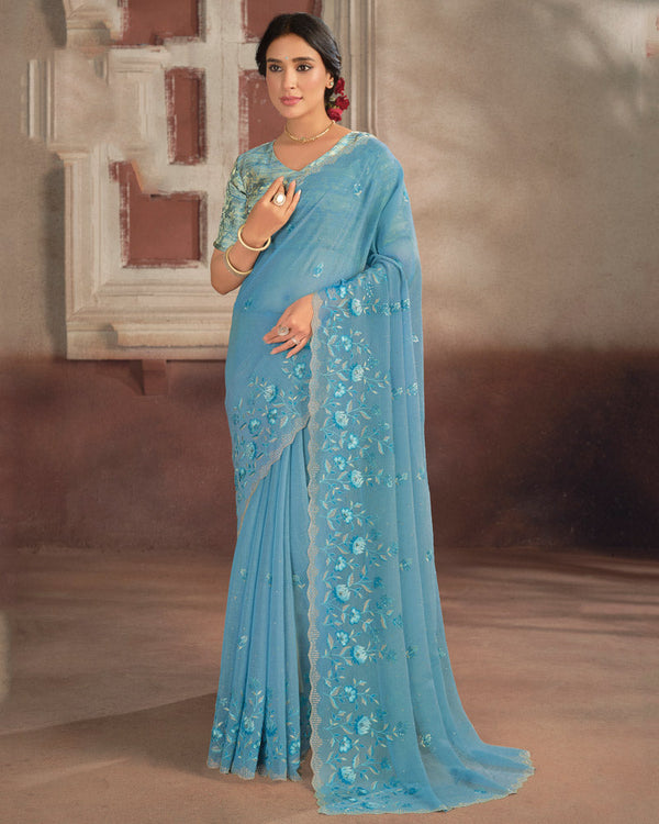 Vishal Prints Pastel Blue Designer Fancy Chiffon Embroidery Work Saree With Cut Work Diamond Border