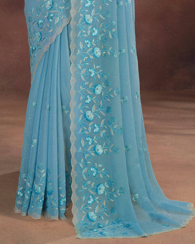 Vishal Prints Pastel Blue Designer Fancy Chiffon Embroidery Work Saree With Cut Work Diamond Border