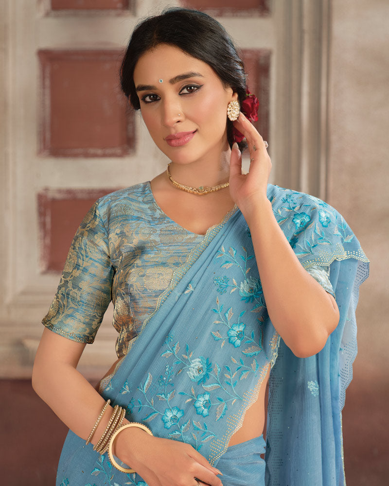 Vishal Prints Pastel Blue Designer Fancy Chiffon Embroidery Work Saree With Cut Work Diamond Border