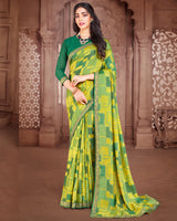 Vishal Prints Dark Aqua Brasso Saree With Foil Print And Zari Border