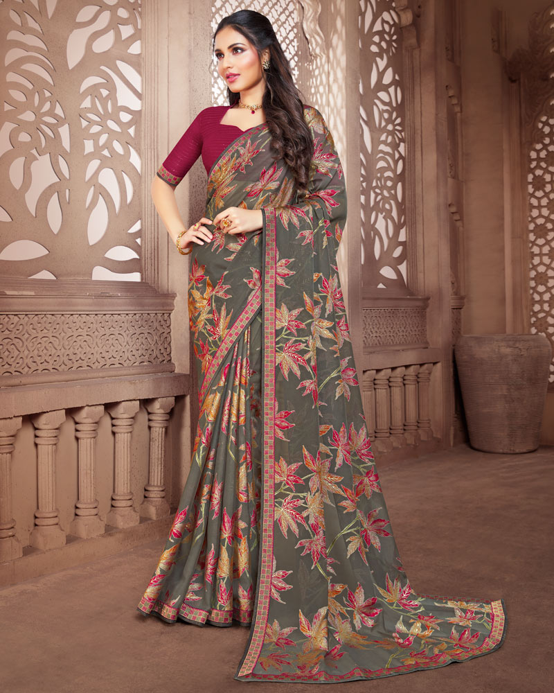 Vishal Prints Lemon Brasso Saree With Foil Print And Zari Border