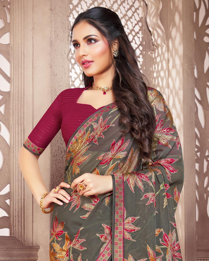 Vishal Prints Lemon Brasso Saree With Foil Print And Zari Border