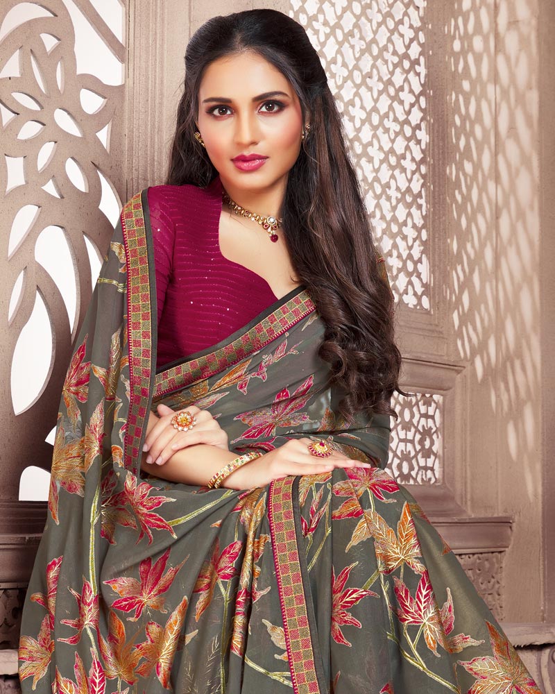 Vishal Prints Lemon Brasso Saree With Foil Print And Zari Border