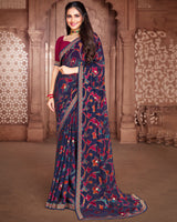 Vishal Prints Navy Blue Brasso Saree With Foil Print And Zari Border