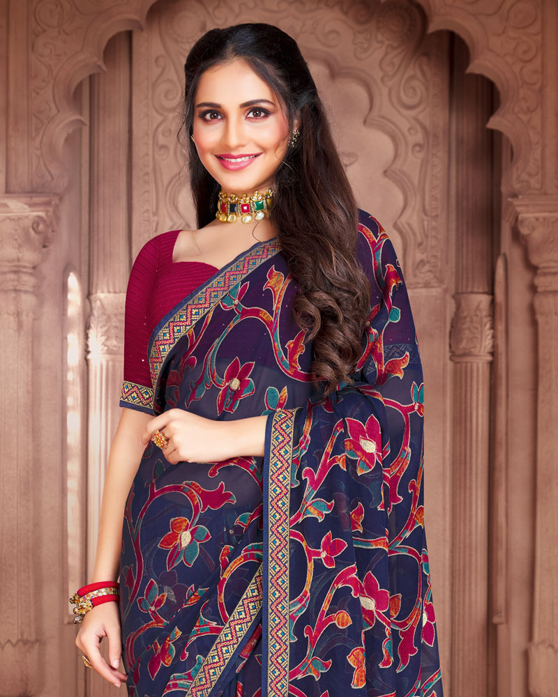 Vishal Prints Navy Blue Brasso Saree With Foil Print And Zari Border