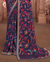 Vishal Prints Navy Blue Brasso Saree With Foil Print And Zari Border