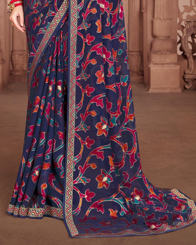 Vishal Prints Navy Blue Brasso Saree With Foil Print And Zari Border