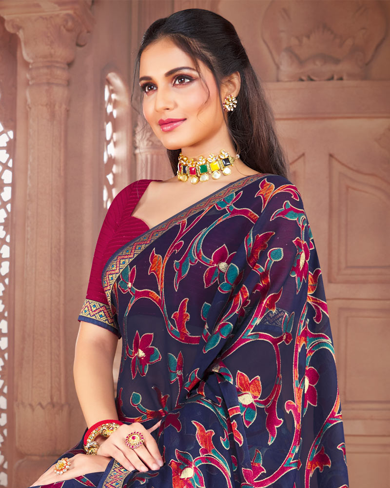 Vishal Prints Navy Blue Brasso Saree With Foil Print And Zari Border